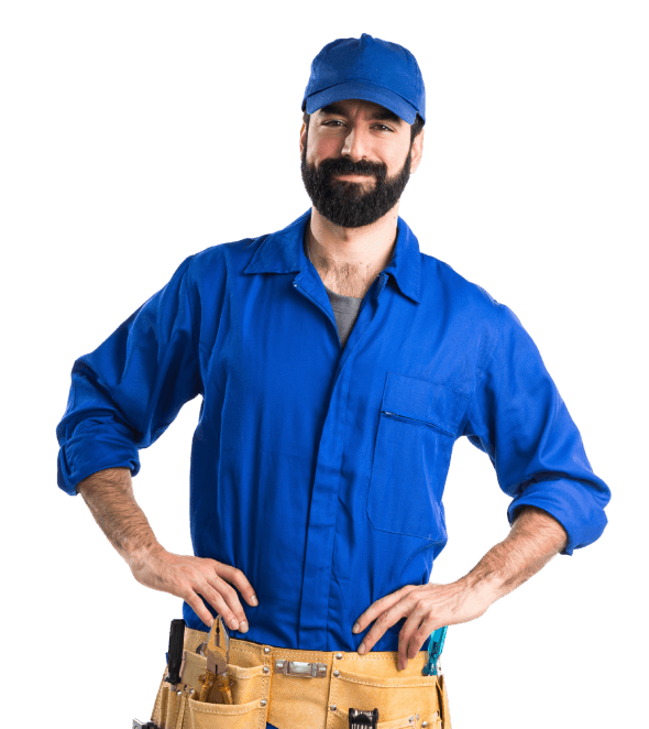 Fornecedor com as mãos na cintura vestindo um macacão azul